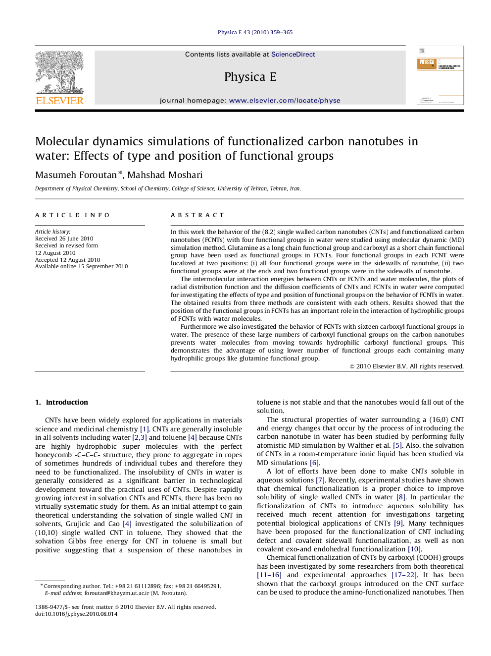 عکس صفحه اول مقاله: Molecular dynamics simulations of functionalized carbon nanotubes in water: Effects of type and position of functional groups Molecular dynamics simulations of functionalized carbon nanotubes in water: Effects of type and position of functional groups