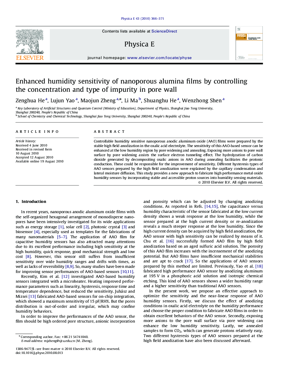 عکس صفحه اول مقاله: Enhanced humidity sensitivity of nanoporous alumina films by controlling the concentration and type of impurity in pore wall Enhanced humidity sensitivity of nanoporous alumina films by controlling the concentration and type of impurity in pore wall