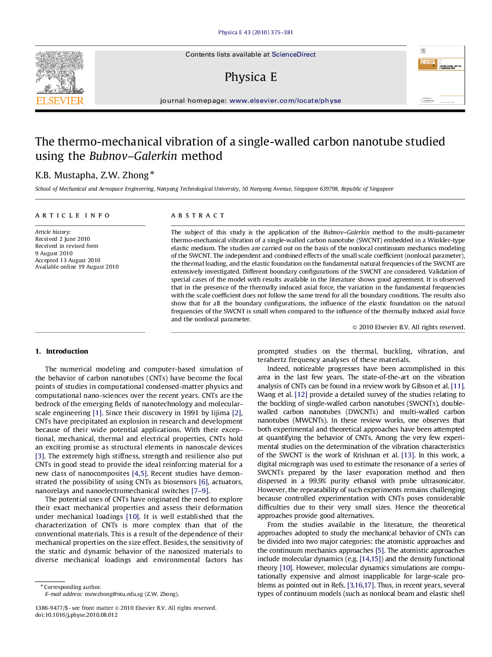 عکس صفحه اول مقاله: The thermo-mechanical vibration of a single-walled carbon nanotube studied using the Bubnov-Galerkin method The thermo-mechanical vibration of a single-walled carbon nanotube studied using the Bubnov-Galerkin method
