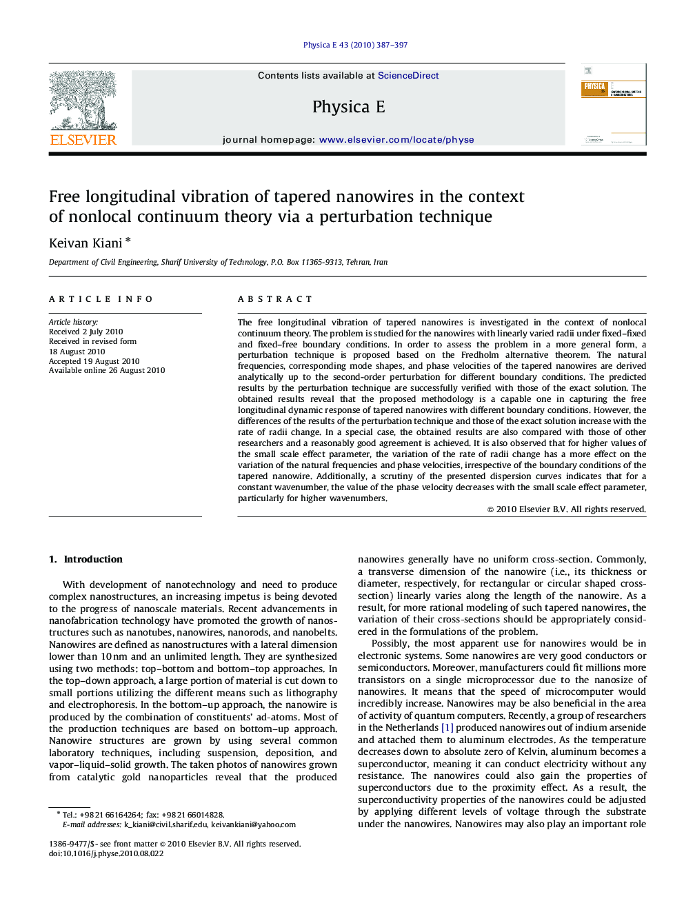 عکس صفحه اول مقاله: Free longitudinal vibration of tapered nanowires in the context of nonlocal continuum theory via a perturbation technique Free longitudinal vibration of tapered nanowires in the context of nonlocal continuum theory via a perturbation technique