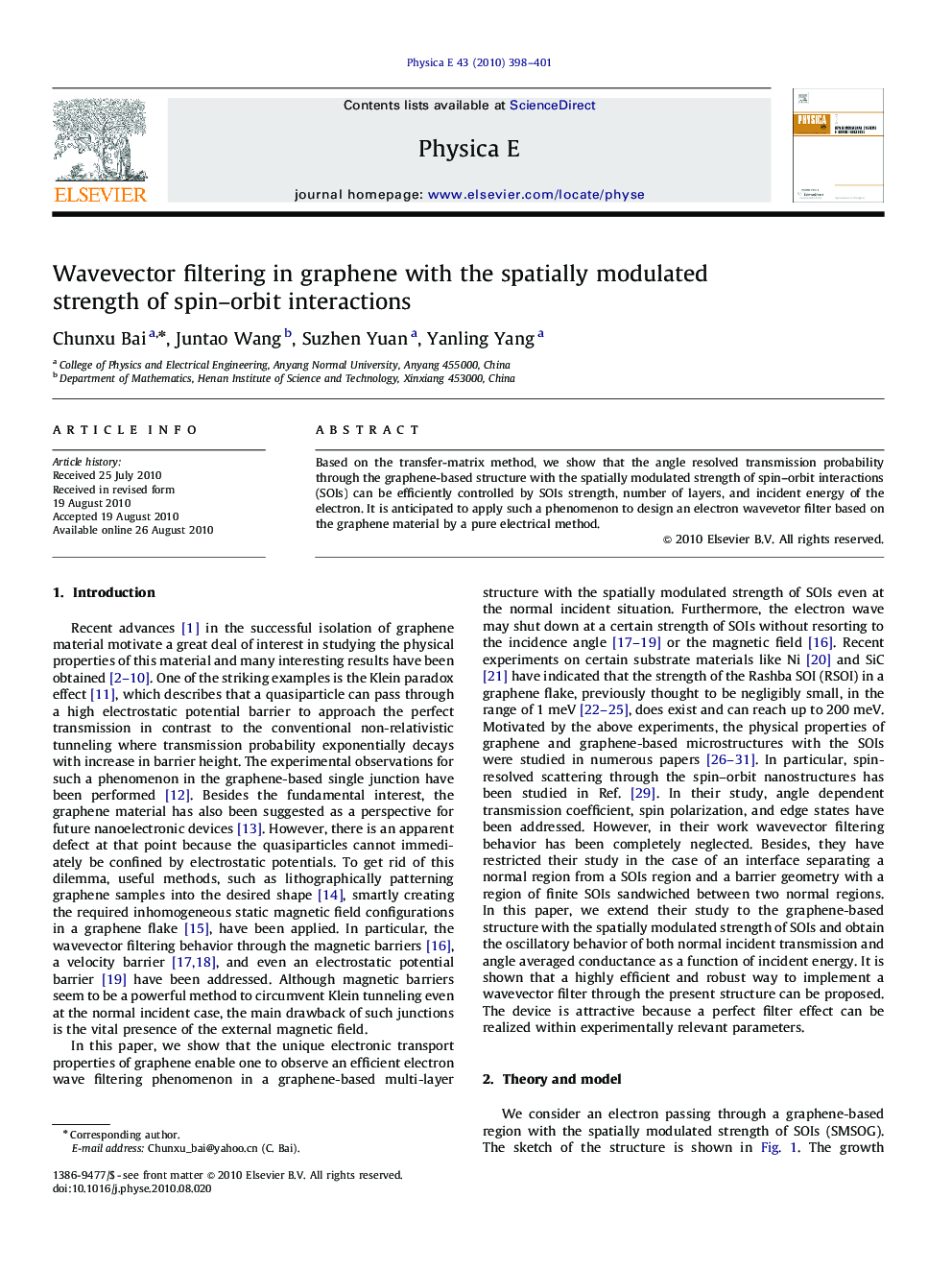 عکس صفحه اول مقاله: Wavevector filtering in graphene with the spatially modulated strength of spin–orbit interactions Wavevector filtering in graphene with the spatially modulated strength of spin–orbit interactions
