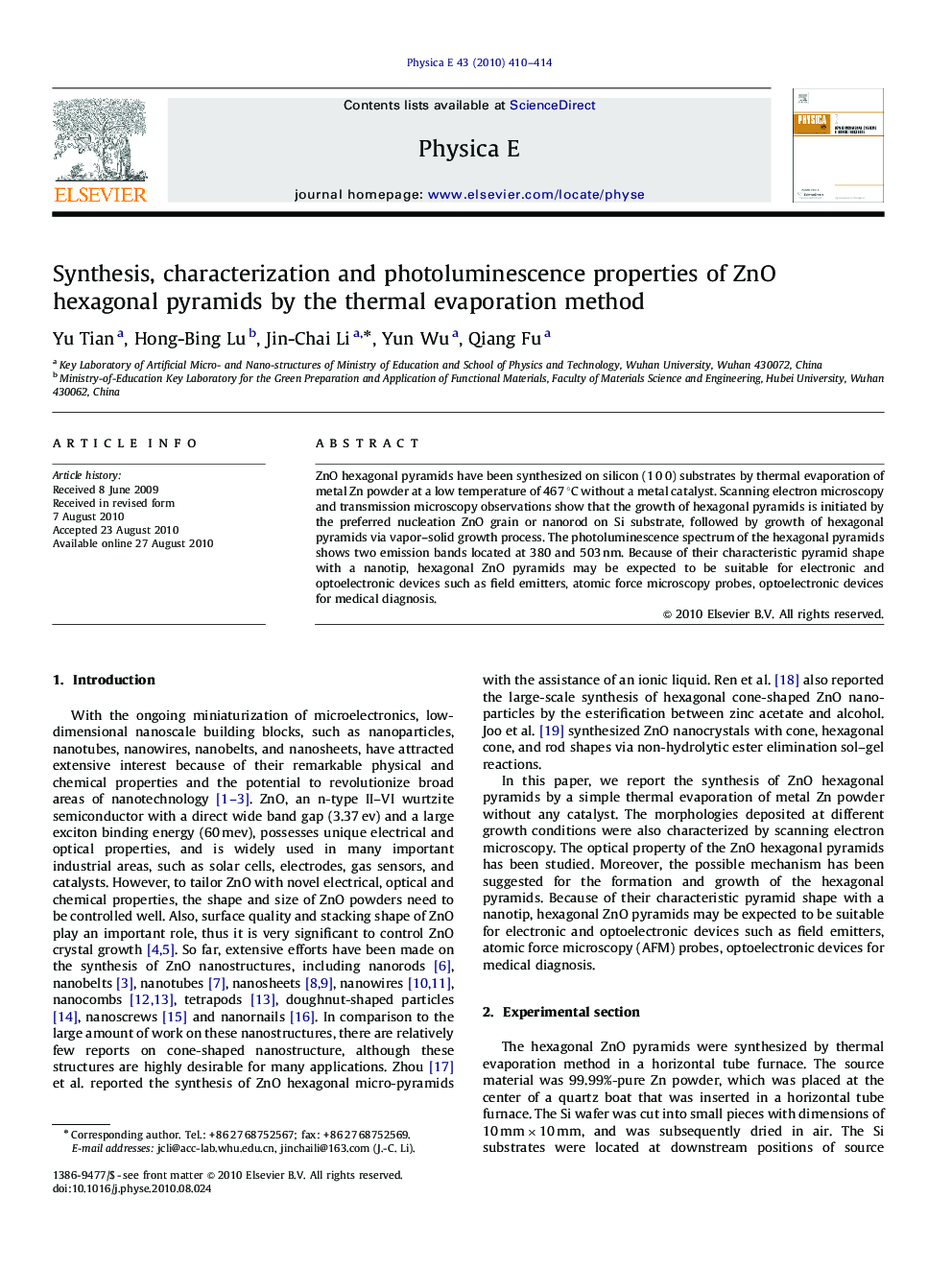 عکس صفحه اول مقاله: Synthesis, characterization and photoluminescence properties of ZnO hexagonal pyramids by the thermal evaporation method Synthesis, characterization and photoluminescence properties of ZnO hexagonal pyramids by the thermal evaporation method