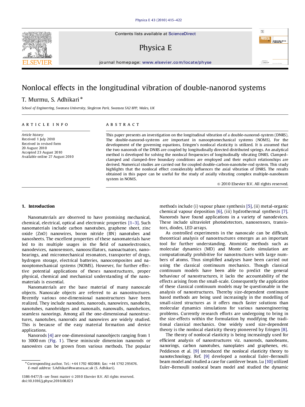 عکس صفحه اول مقاله: Nonlocal effects in the longitudinal vibration of double-nanorod systems Nonlocal effects in the longitudinal vibration of double-nanorod systems