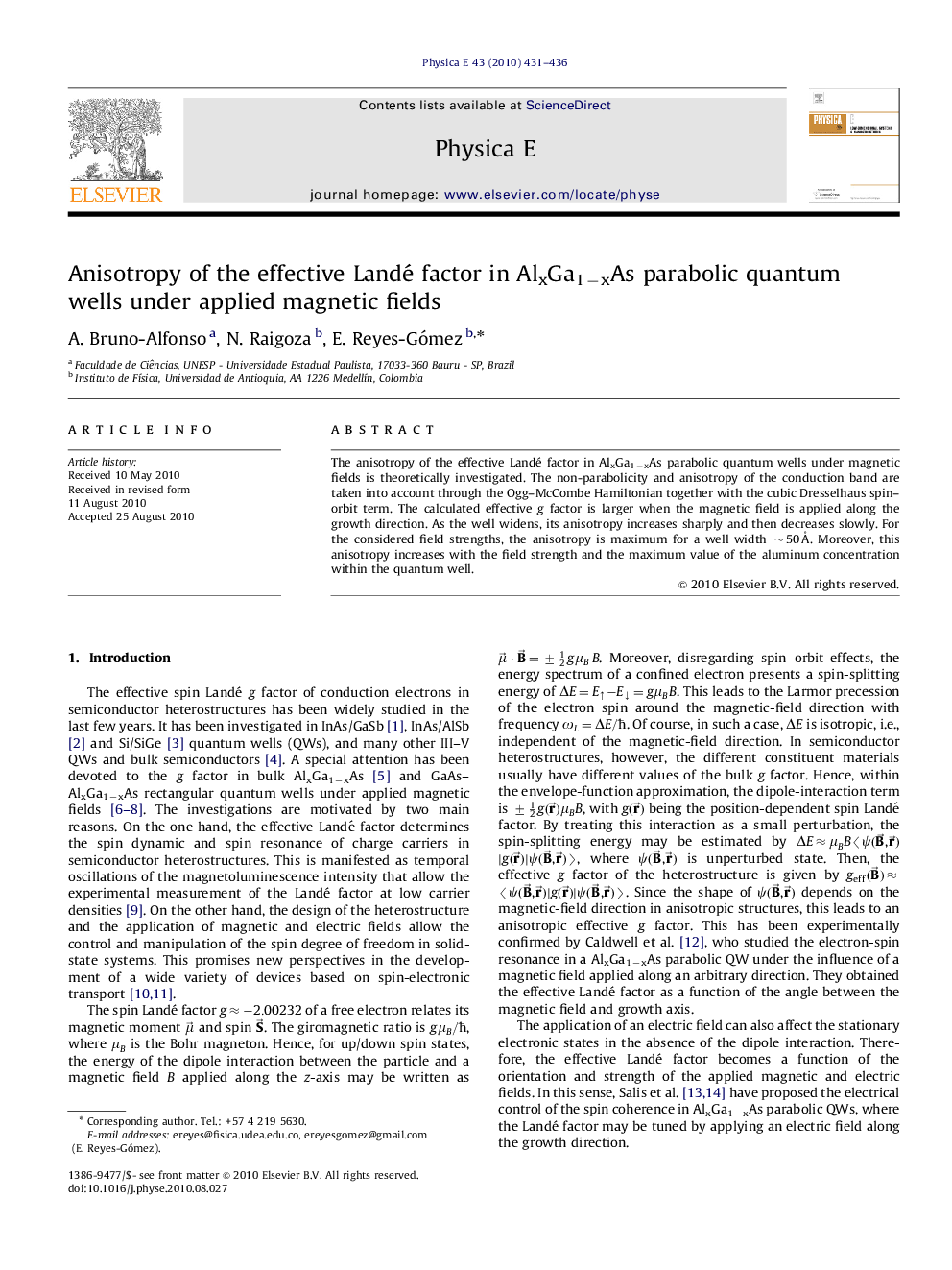 عکس صفحه اول مقاله: Anisotropy of the effective Landé factor in AlxGa1âxAs parabolic quantum wells under applied magnetic fields Anisotropy of the effective Landé factor in AlxGa1âxAs parabolic quantum wells under applied magnetic fields