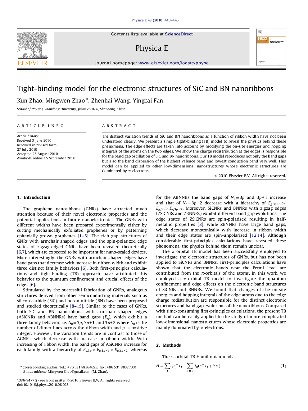 عکس صفحه اول مقاله: Tight-binding model for the electronic structures of SiC and BN nanoribbons Tight-binding model for the electronic structures of SiC and BN nanoribbons