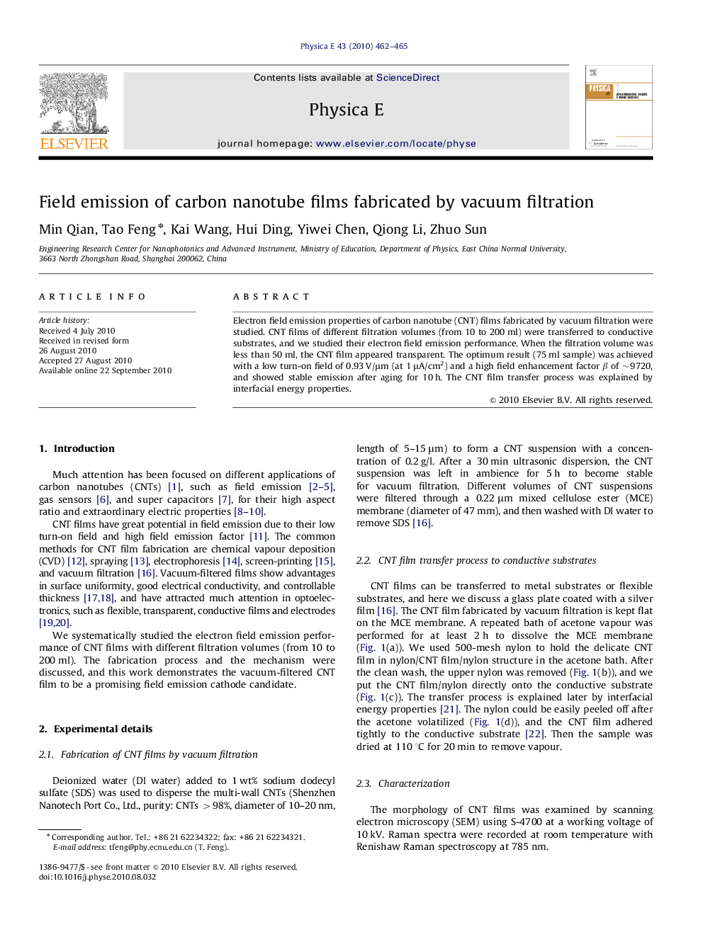 عکس صفحه اول مقاله: Field emission of carbon nanotube films fabricated by vacuum filtration Field emission of carbon nanotube films fabricated by vacuum filtration