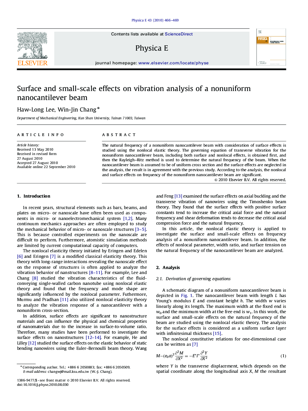 عکس صفحه اول مقاله: Surface and small-scale effects on vibration analysis of a nonuniform nanocantilever beam Surface and small-scale effects on vibration analysis of a nonuniform nanocantilever beam