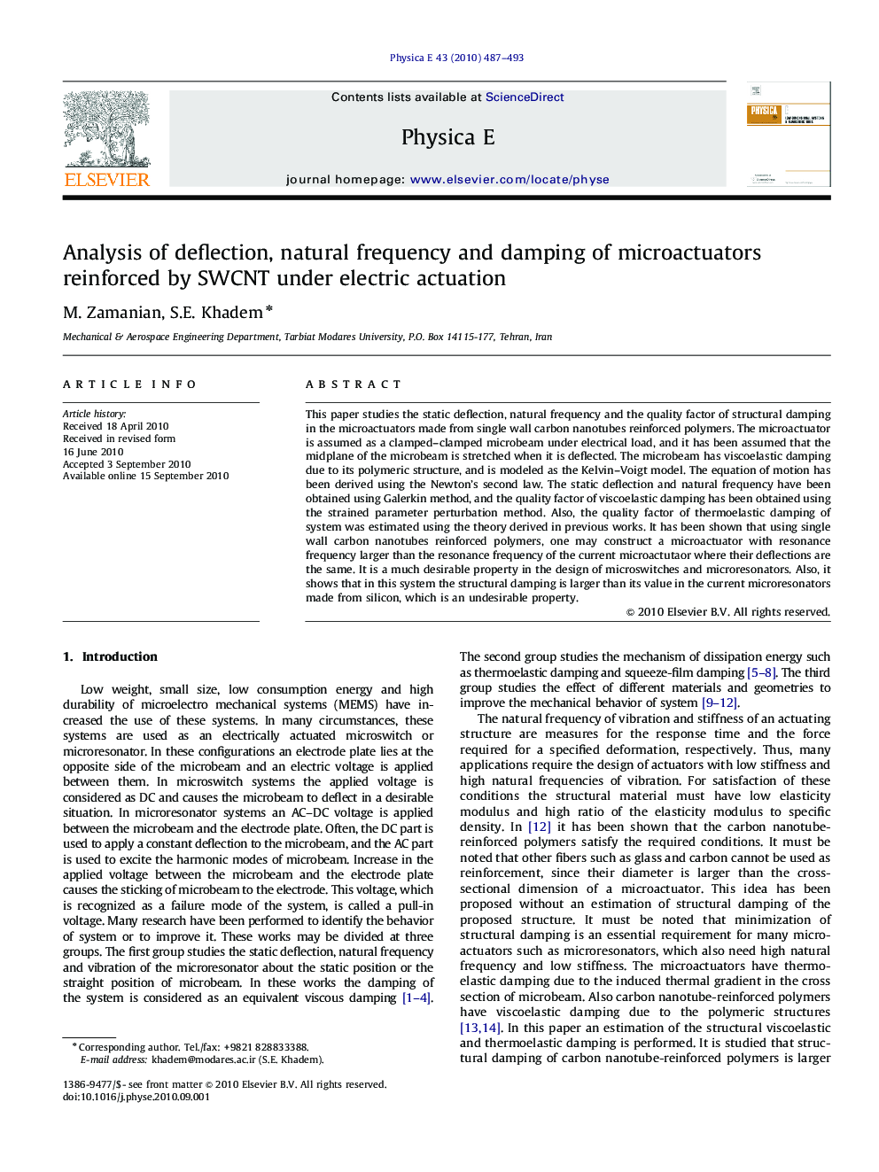 عکس صفحه اول مقاله: Analysis of deflection, natural frequency and damping of microactuators reinforced by SWCNT under electric actuation Analysis of deflection, natural frequency and damping of microactuators reinforced by SWCNT under electric actuation