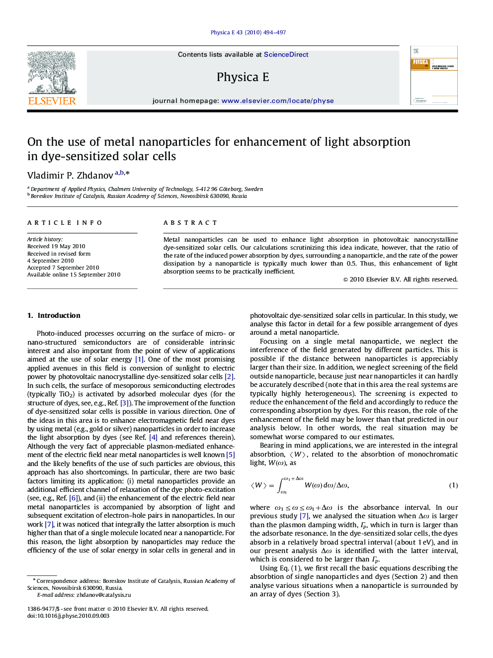 عکس صفحه اول مقاله: On the use of metal nanoparticles for enhancement of light absorption in dye-sensitized solar cells On the use of metal nanoparticles for enhancement of light absorption in dye-sensitized solar cells
