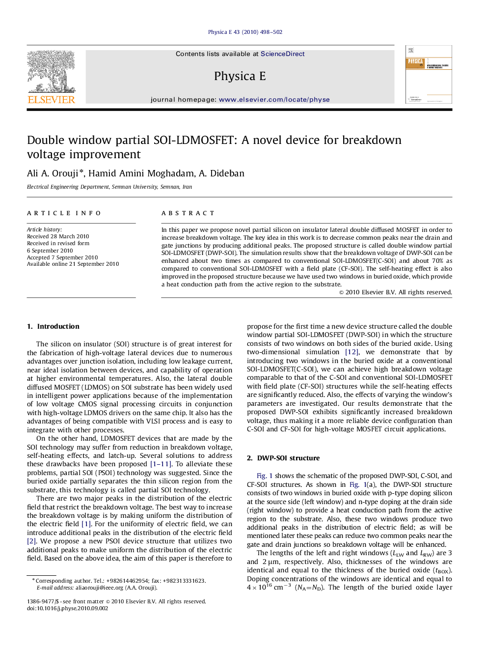 عکس صفحه اول مقاله: Double window partial SOI-LDMOSFET: A novel device for breakdown voltage improvement Double window partial SOI-LDMOSFET: A novel device for breakdown voltage improvement