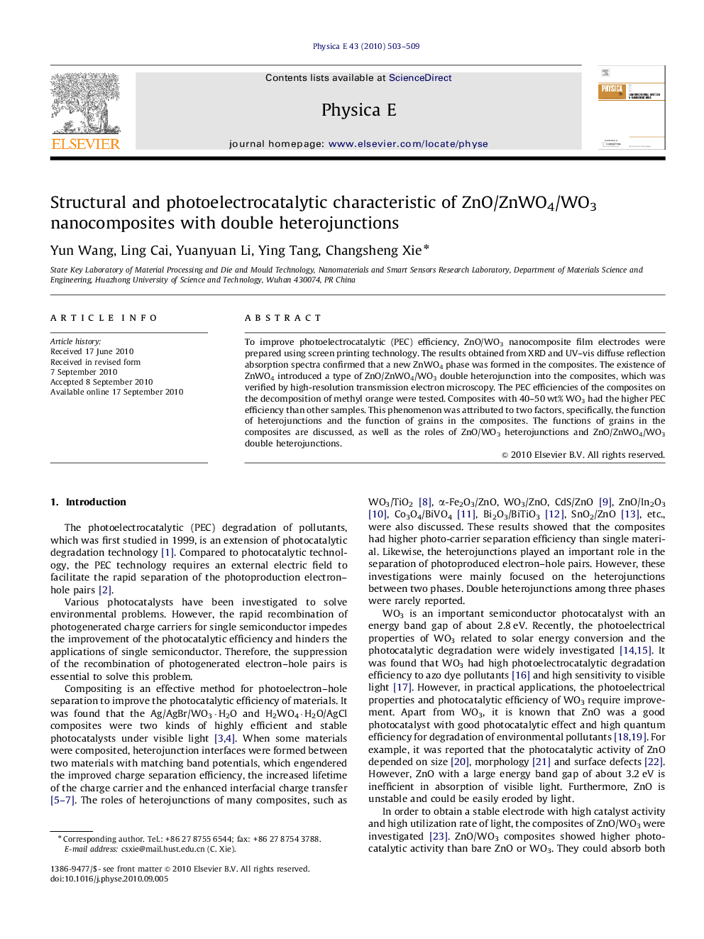 عکس صفحه اول مقاله: Structural and photoelectrocatalytic characteristic of ZnO/ZnWO4/WO3 nanocomposites with double heterojunctions Structural and photoelectrocatalytic characteristic of ZnO/ZnWO4/WO3 nanocomposites with double heterojunctions