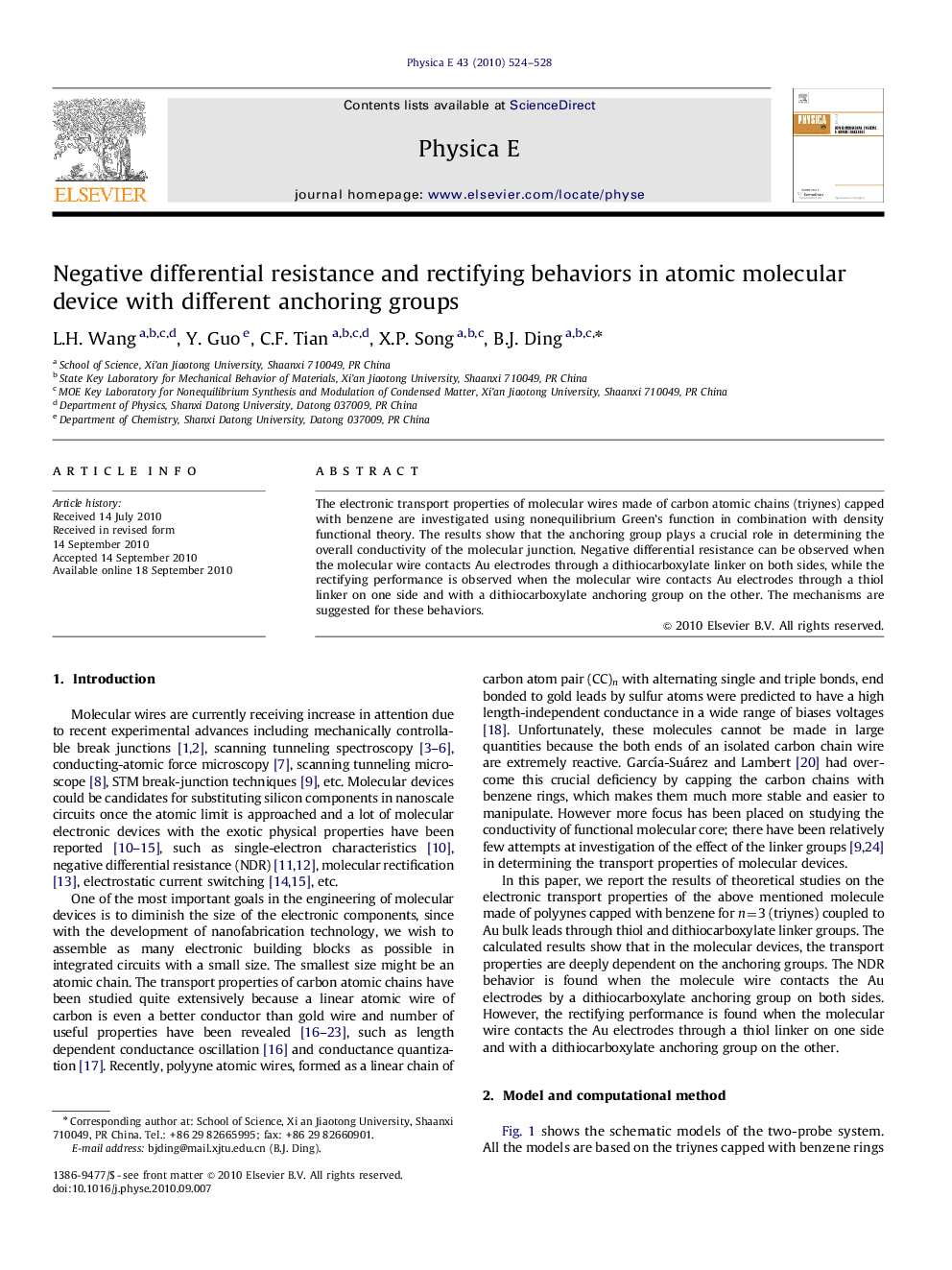 عکس صفحه اول مقاله: Negative differential resistance and rectifying behaviors in atomic molecular device with different anchoring groups Negative differential resistance and rectifying behaviors in atomic molecular device with different anchoring groups