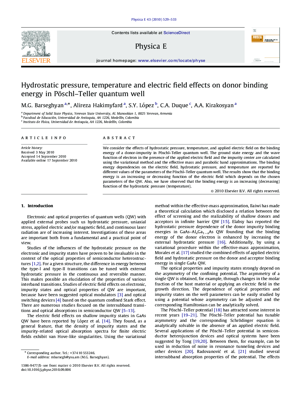 عکس صفحه اول مقاله: Hydrostatic pressure, temperature and electric field effects on donor binding energy in Pöschl–Teller quantum well Hydrostatic pressure, temperature and electric field effects on donor binding energy in Pöschl–Teller quantum well
