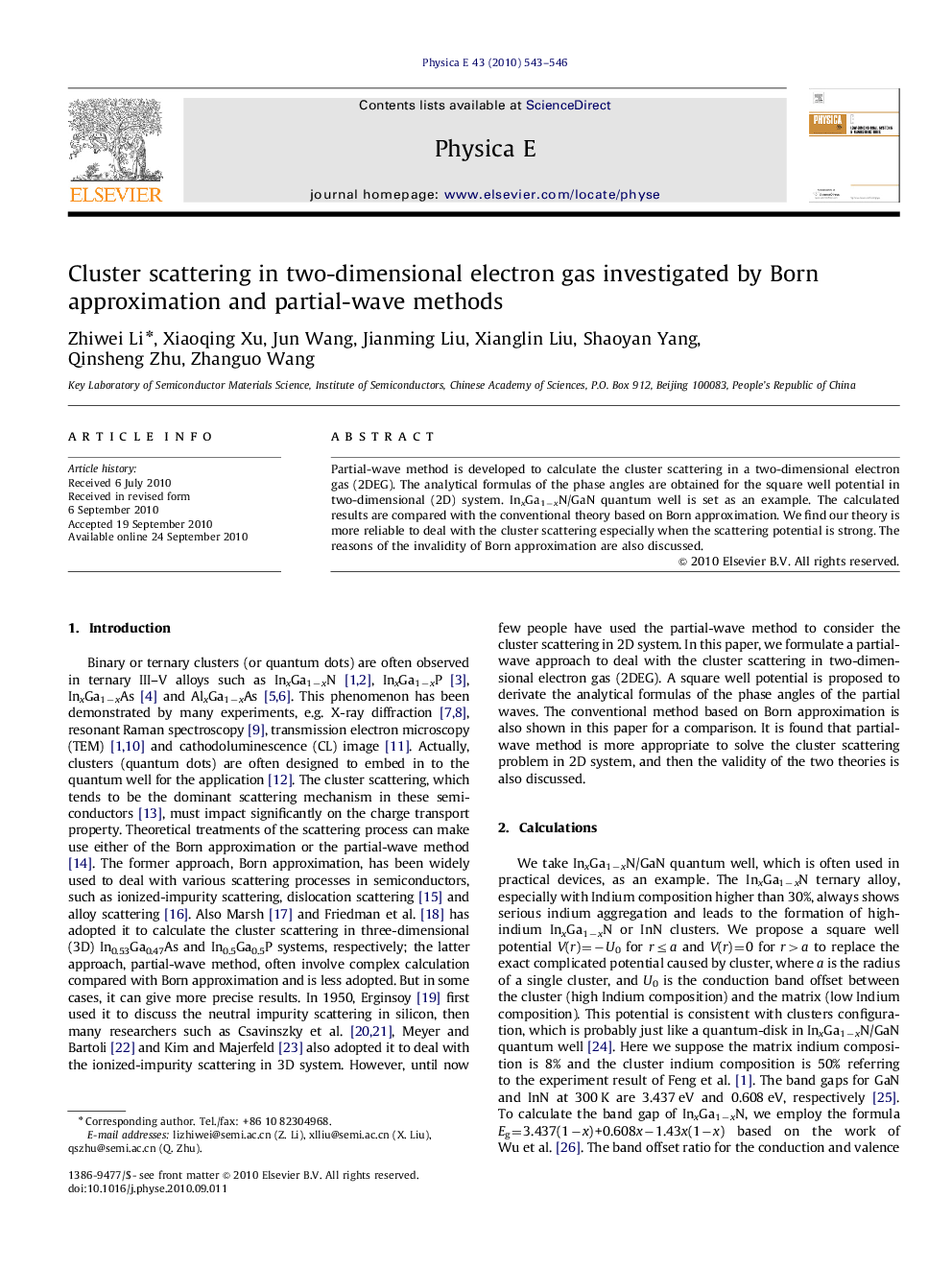 عکس صفحه اول مقاله: Cluster scattering in two-dimensional electron gas investigated by Born approximation and partial-wave methods Cluster scattering in two-dimensional electron gas investigated by Born approximation and partial-wave methods