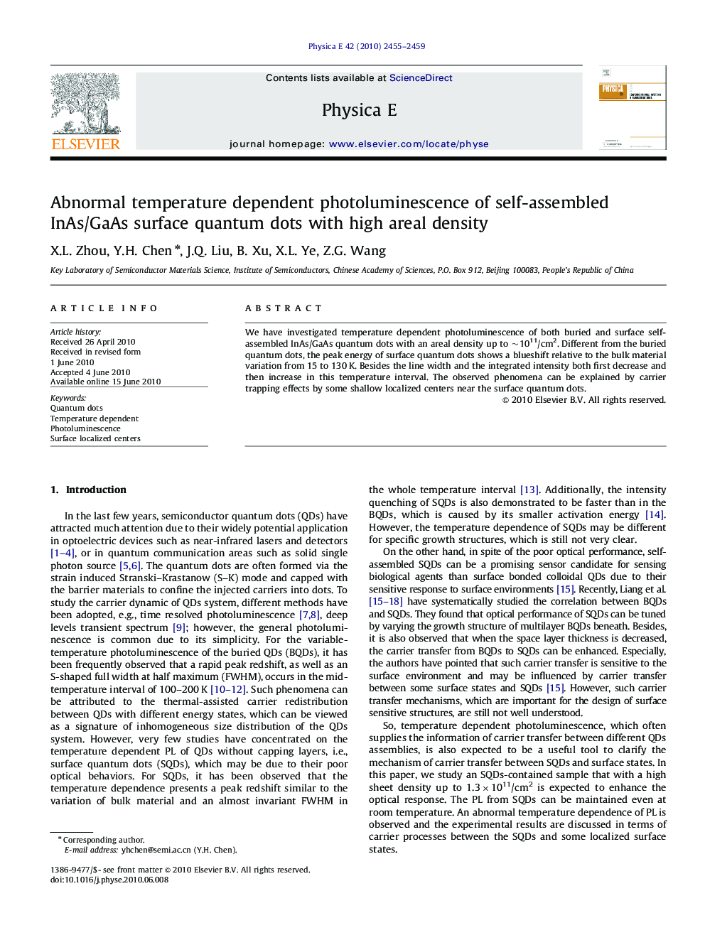 Abnormal temperature dependent photoluminescence of self-assembled InAs/GaAs surface quantum dots with high areal density