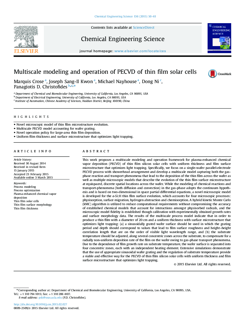 Multiscale modeling and operation of PECVD of thin film solar cells