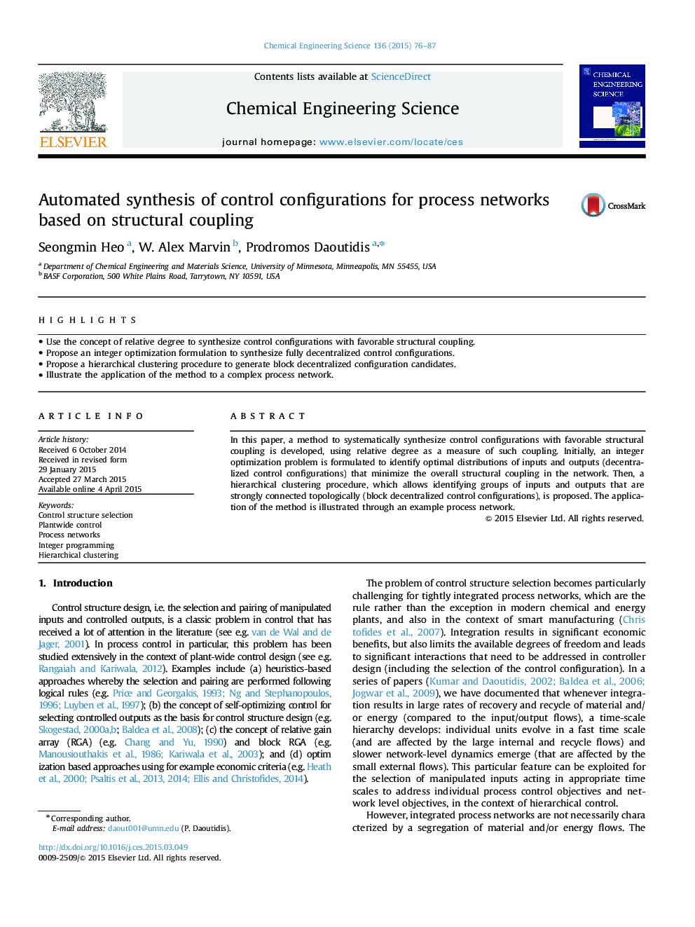 Automated synthesis of control configurations for process networks based on structural coupling