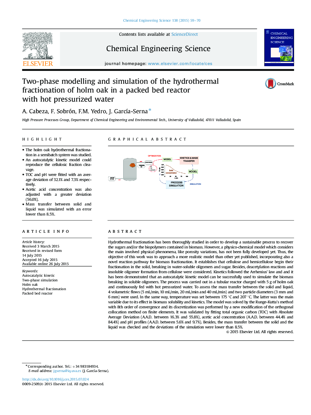 Two-phase modelling and simulation of the hydrothermal fractionation of holm oak in a packed bed reactor with hot pressurized water