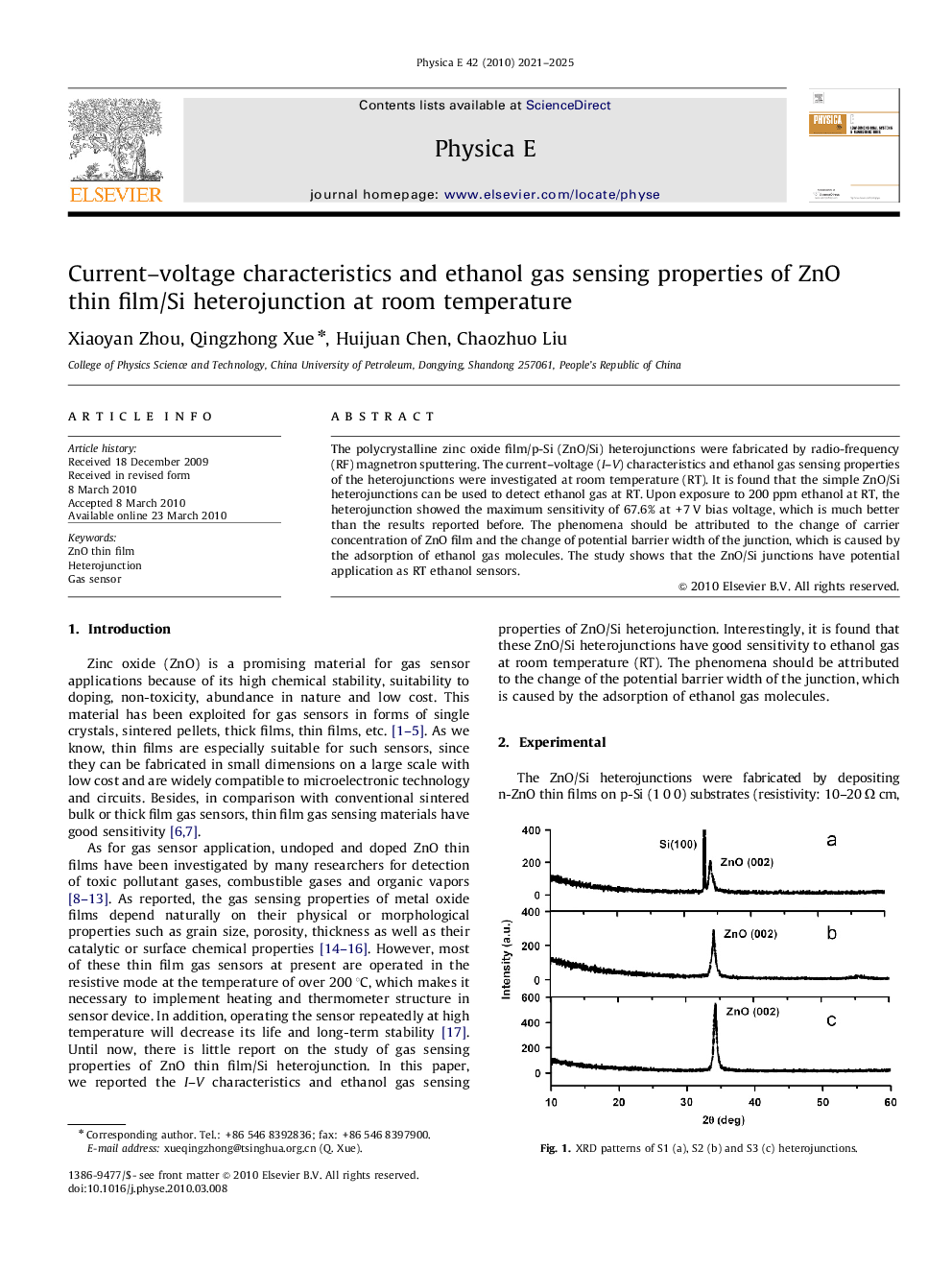 Current–voltage characteristics and ethanol gas sensing properties of ZnO thin film/Si heterojunction at room temperature