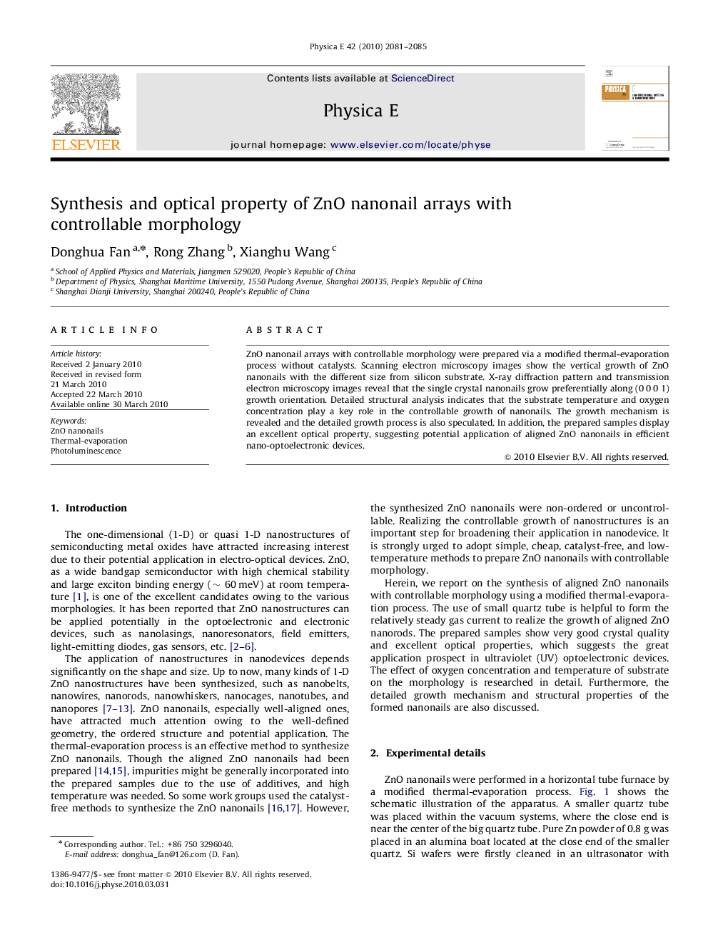 عکس صفحه اول مقاله: Synthesis and optical property of ZnO nanonail arrays with controllable morphology Synthesis and optical property of ZnO nanonail arrays with controllable morphology