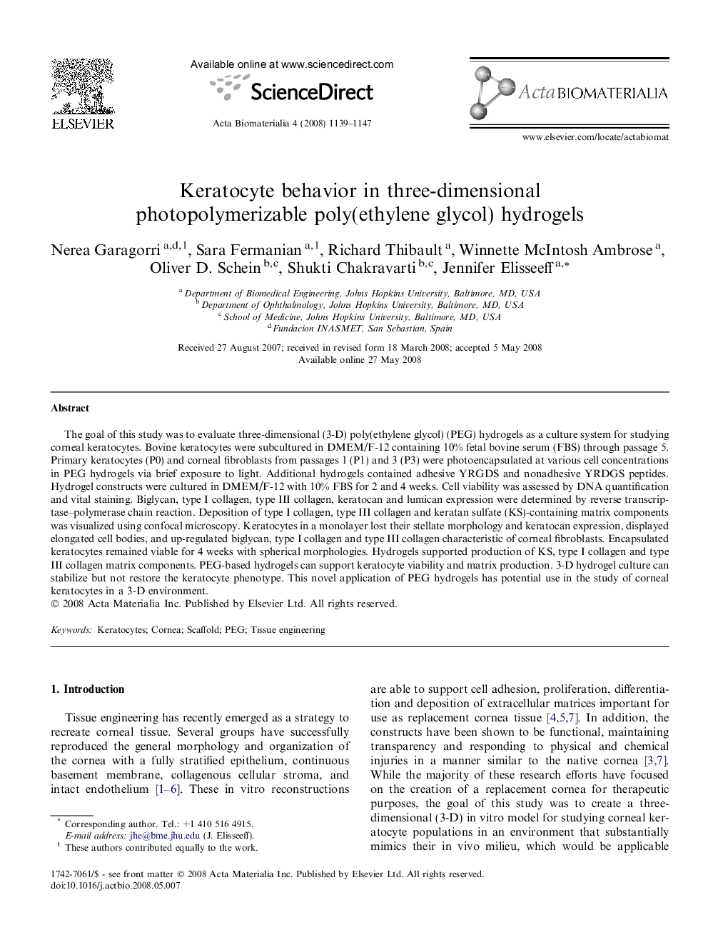 Keratocyte behavior in three-dimensional photopolymerizable poly(ethylene glycol) hydrogels