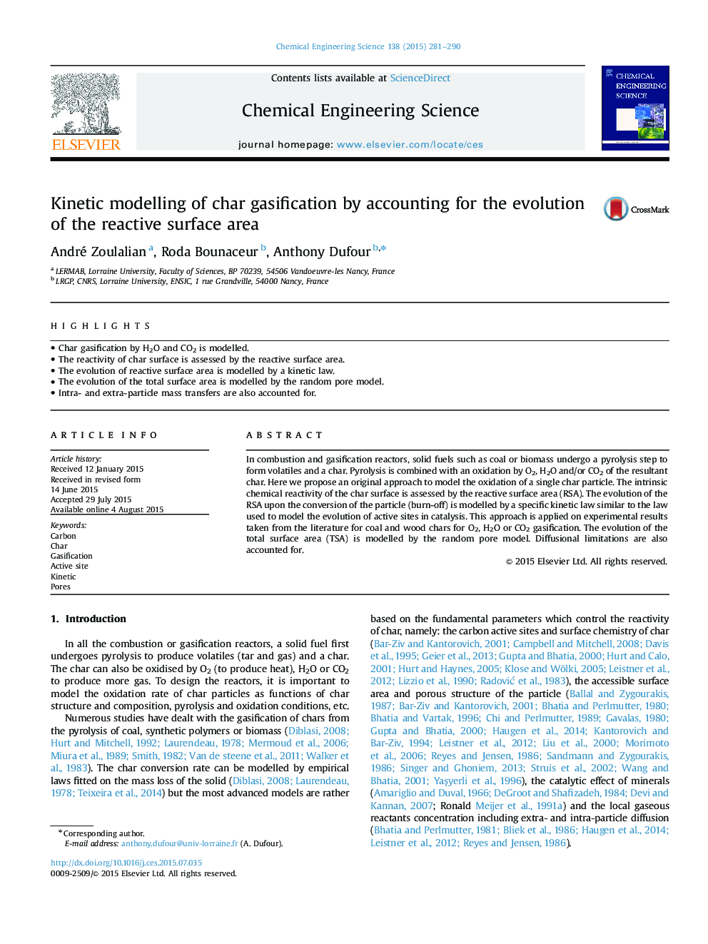 Kinetic modelling of char gasification by accounting for the evolution of the reactive surface area