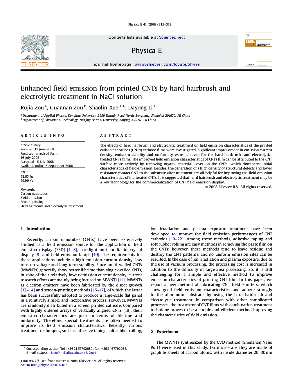 Enhanced field emission from printed CNTs by hard hairbrush and electrolytic treatment in NaCl solution