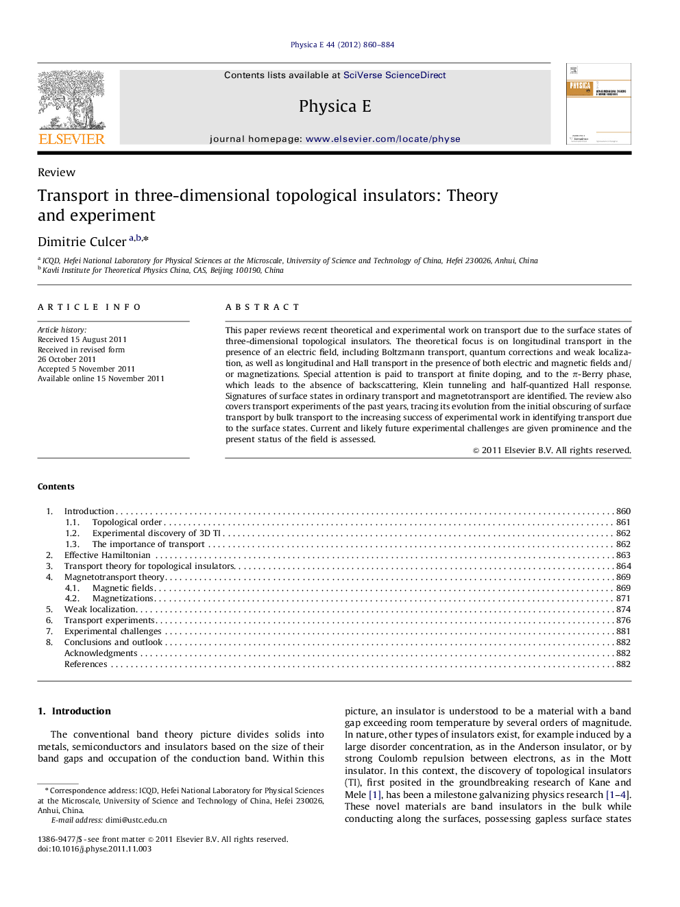 عکس صفحه اول مقاله: Transport in three-dimensional topological insulators: Theory and experiment Transport in three-dimensional topological insulators: Theory and experiment