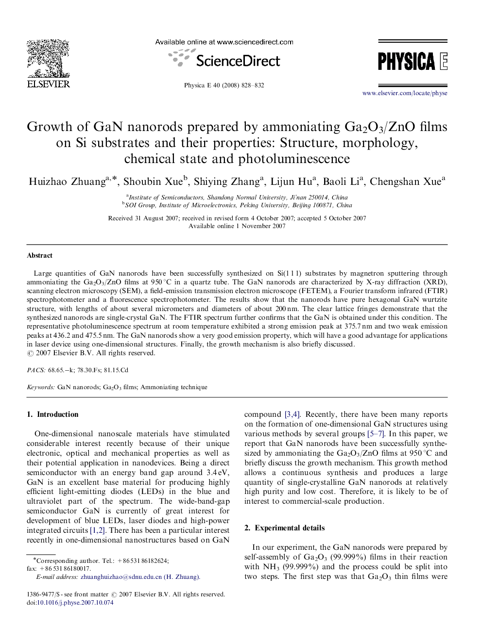 عکس صفحه اول مقاله: Growth of GaN nanorods prepared by ammoniating Ga2O3/ZnO films on Si substrates and their properties: Structure, morphology, chemical state and photoluminescence Growth of GaN nanorods prepared by ammoniating Ga2O3/ZnO films on Si substrates and their properties: Structure, morphology, chemical state and photoluminescence
