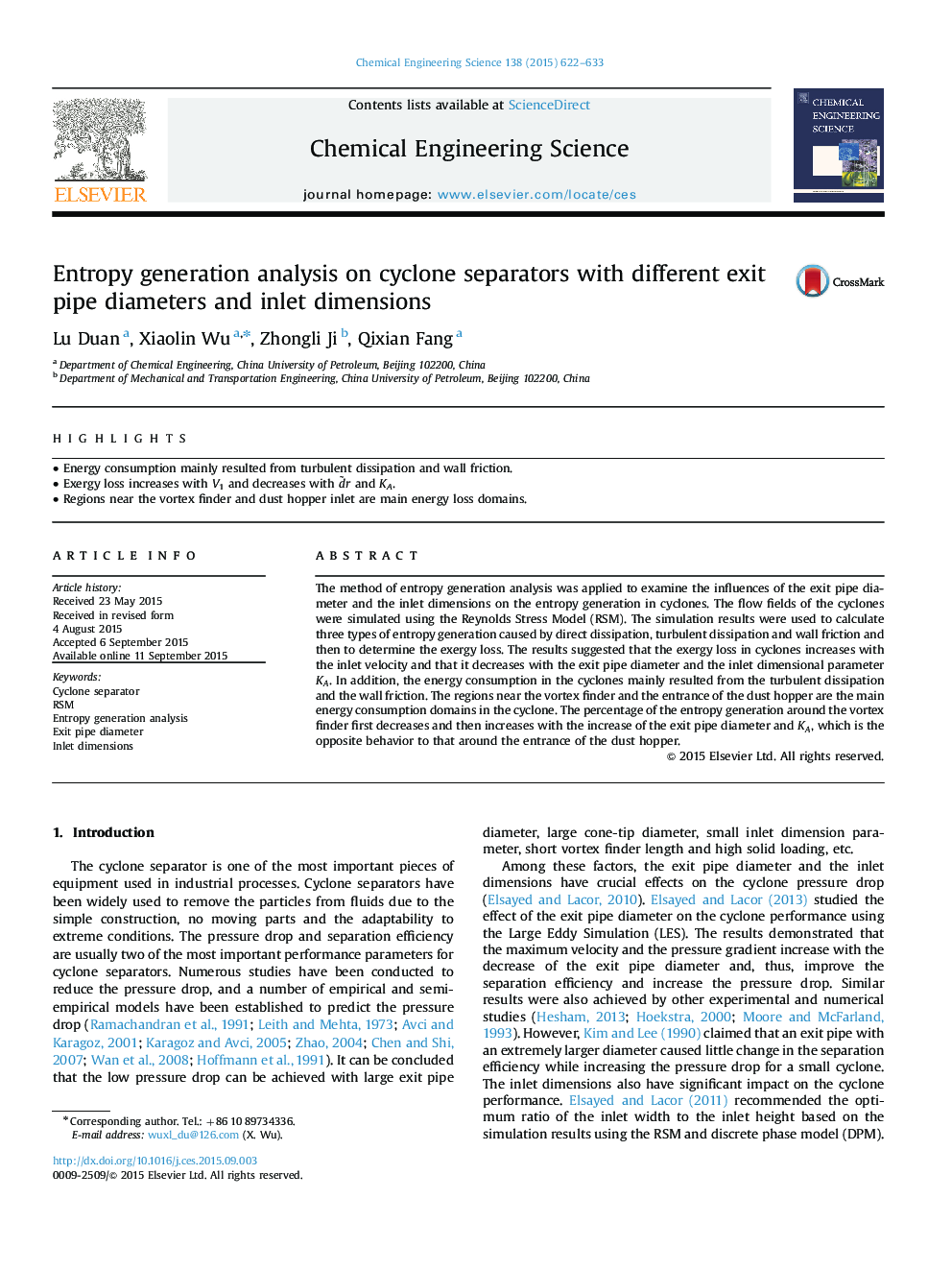 Entropy generation analysis on cyclone separators with different exit pipe diameters and inlet dimensions