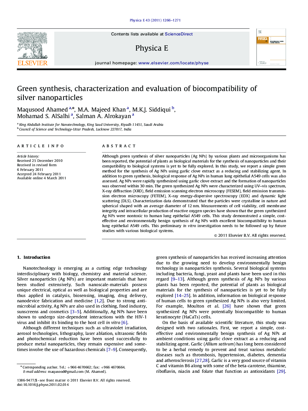 Green synthesis, characterization and evaluation of biocompatibility of silver nanoparticles