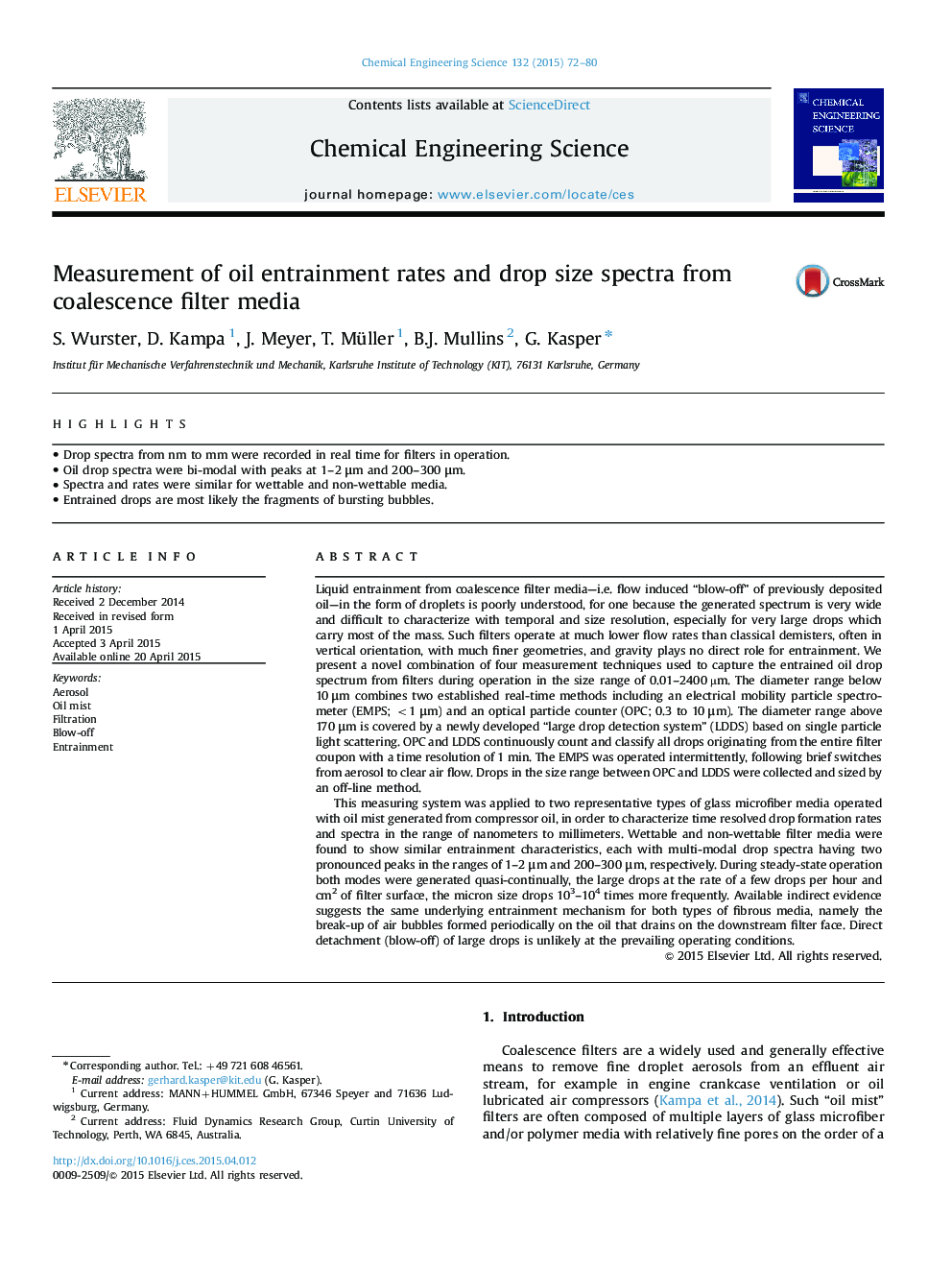 Measurement of oil entrainment rates and drop size spectra from coalescence filter media