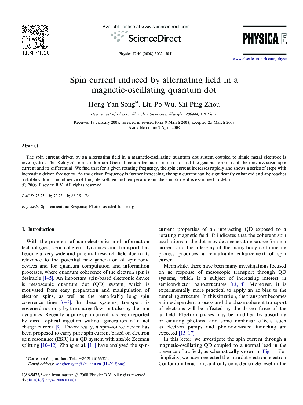 Spin current induced by alternating field in a magnetic-oscillating quantum dot