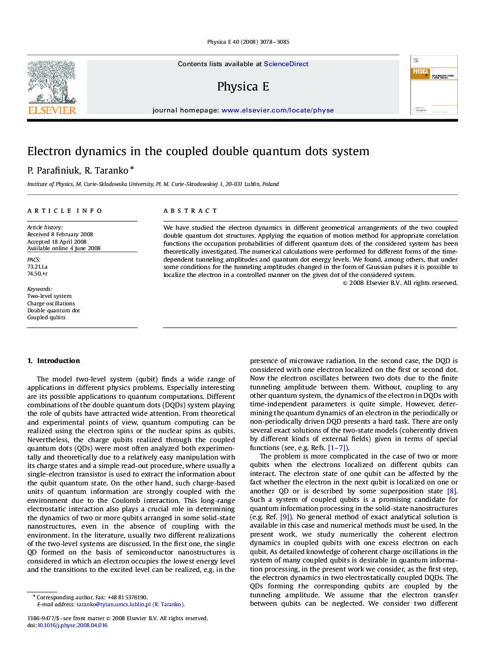 Electron dynamics in the coupled double quantum dots system