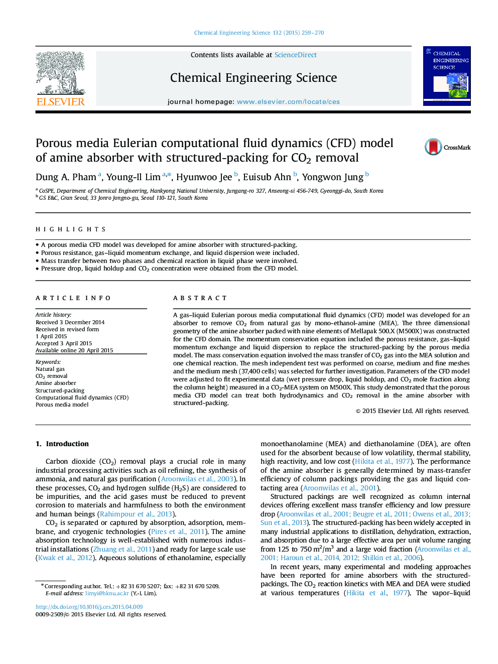 Porous media Eulerian computational fluid dynamics (CFD) model of amine absorber with structured-packing for CO2 removal