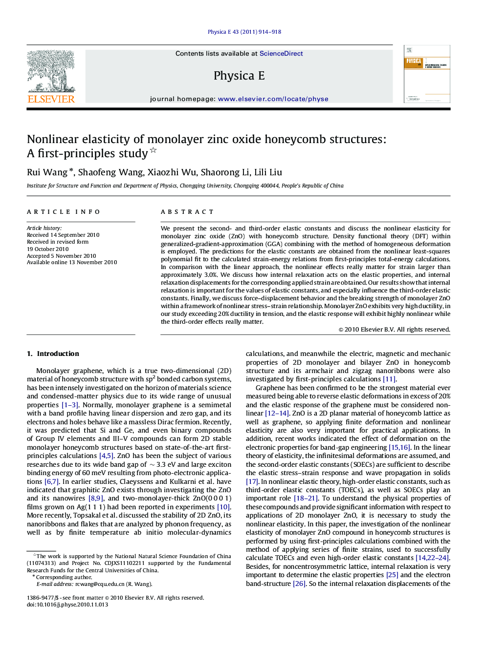 Nonlinear elasticity of monolayer zinc oxide honeycomb structures: A first-principles study 