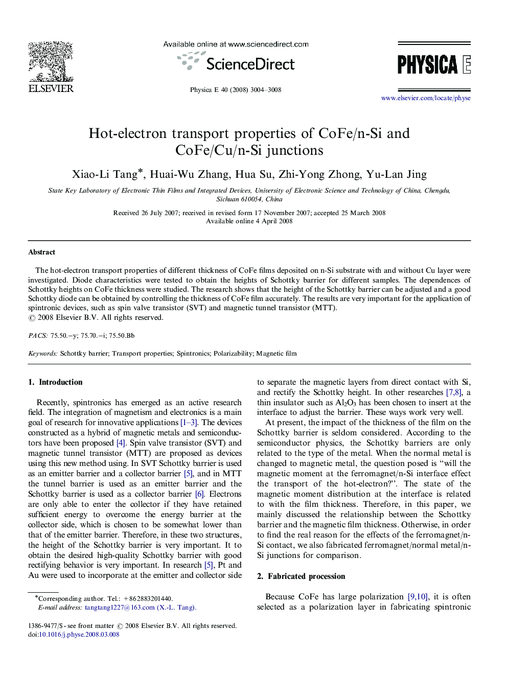 Hot-electron transport properties of CoFe/n-Si and CoFe/Cu/n-Si junctions