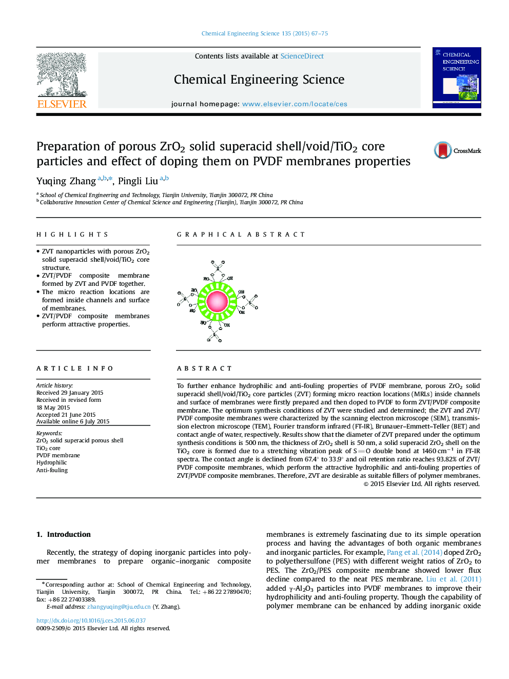 Preparation of porous ZrO2 solid superacid shell/void/TiO2 core particles and effect of doping them on PVDF membranes properties