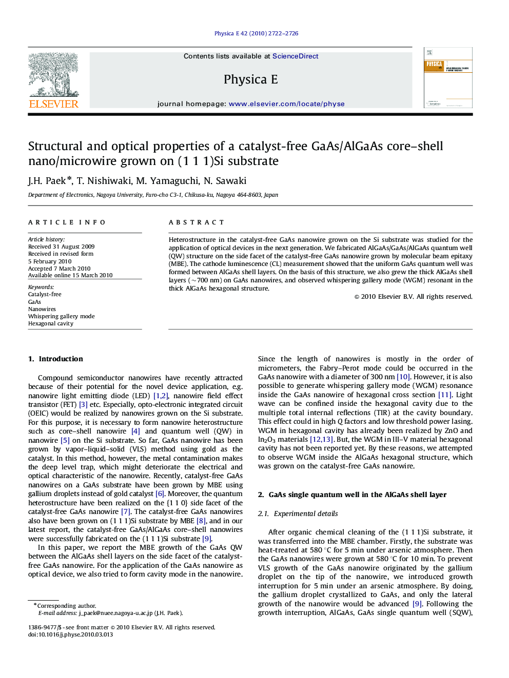 Structural and optical properties of a catalyst-free GaAs/AlGaAs core–shell nano/microwire grown on (1 1 1)Si substrate