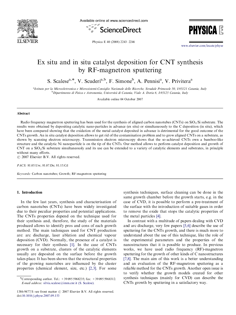 Ex situ and in situ catalyst deposition for CNT synthesis by RF-magnetron sputtering