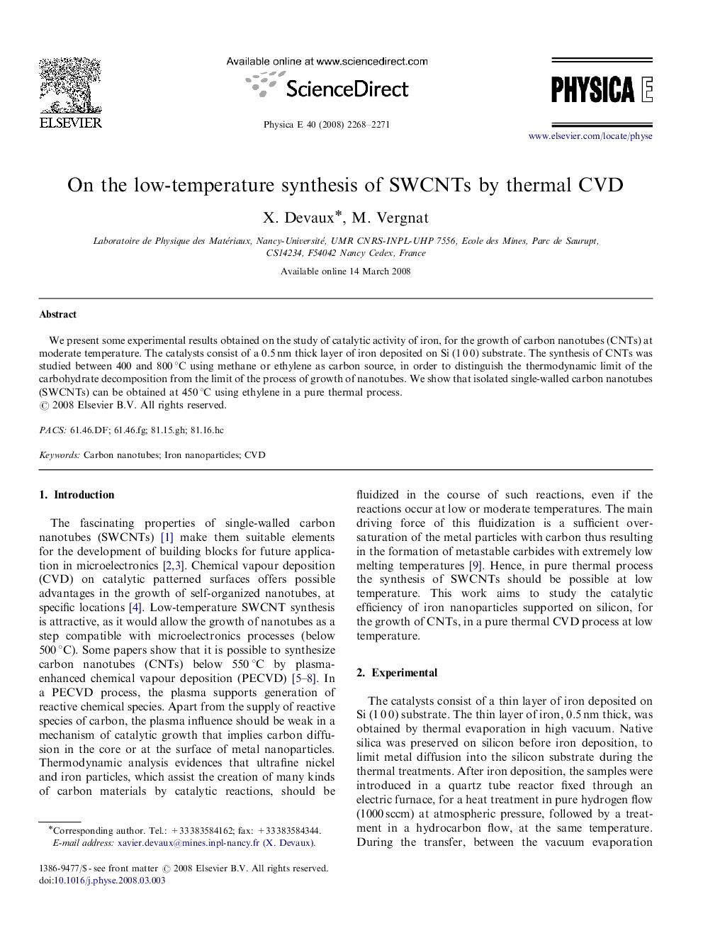 On the low-temperature synthesis of SWCNTs by thermal CVD