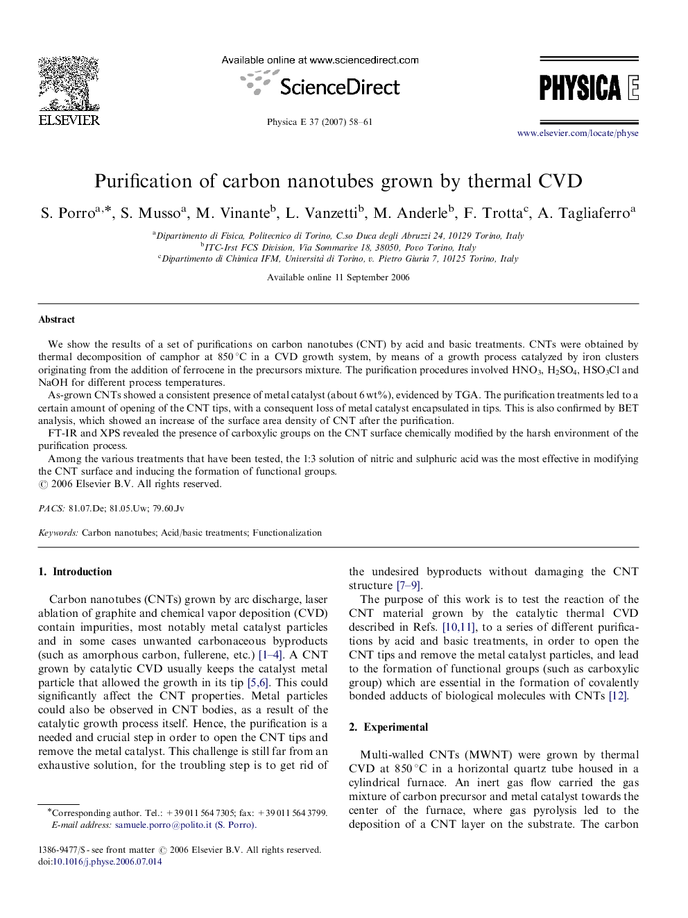 Purification of carbon nanotubes grown by thermal CVD