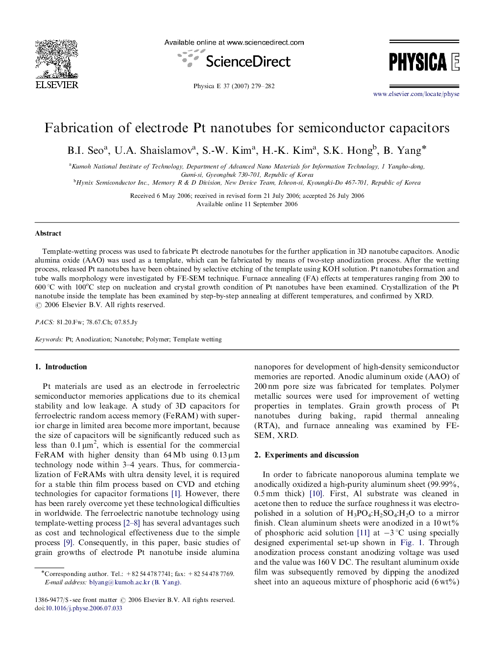 Fabrication of electrode Pt nanotubes for semiconductor capacitors