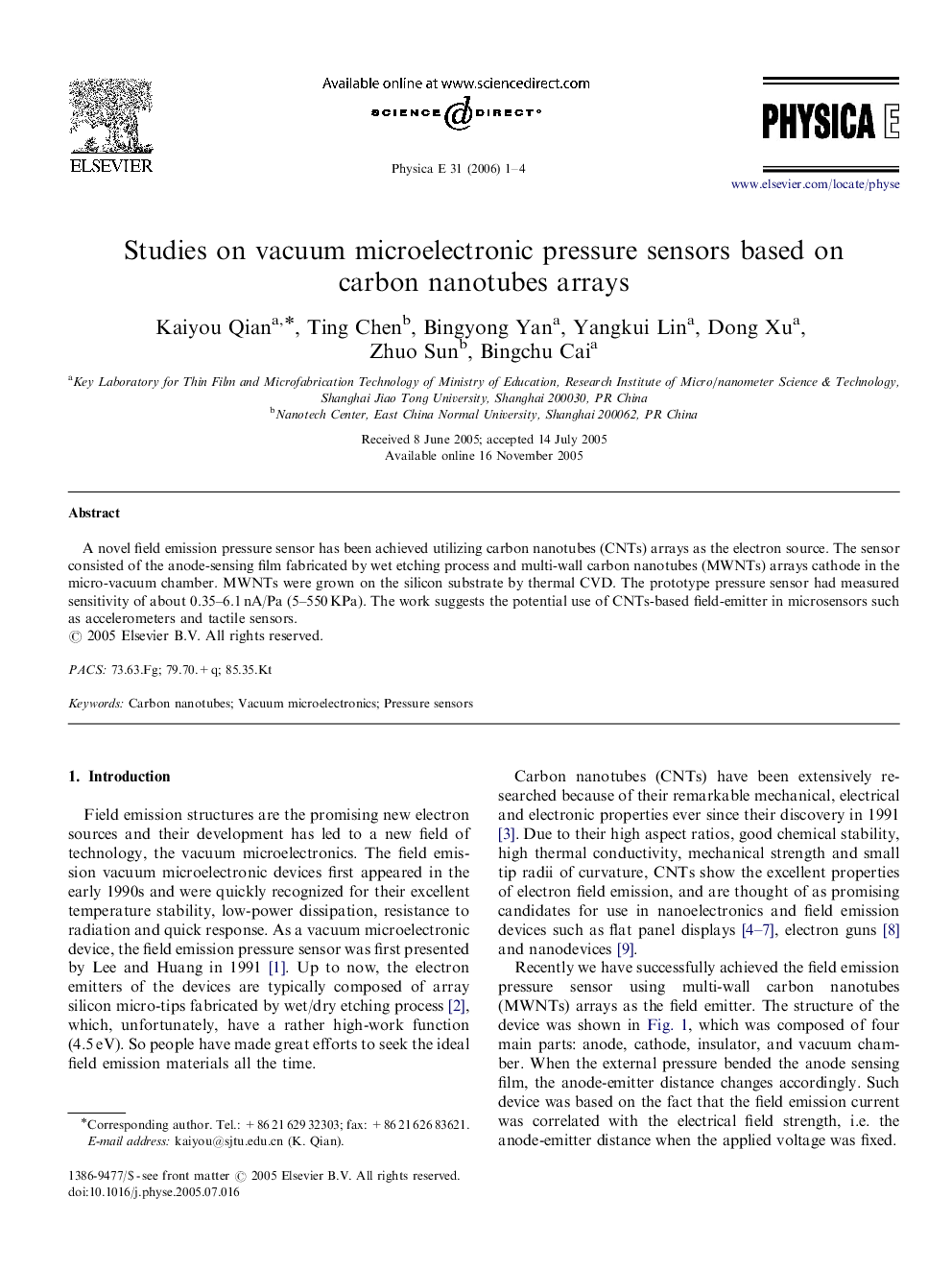 Studies on vacuum microelectronic pressure sensors based on carbon nanotubes arrays