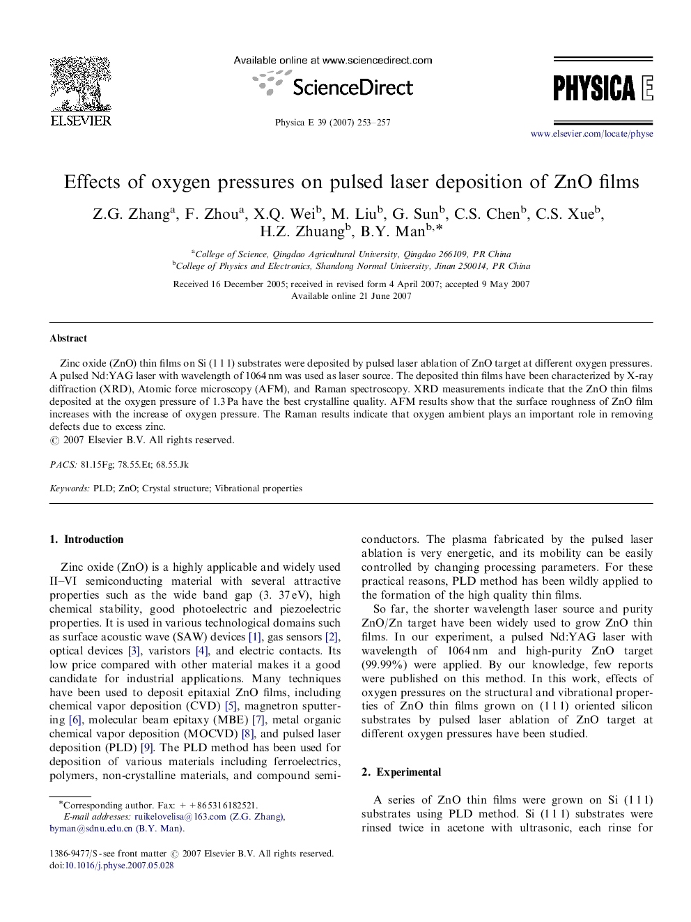 Effects of oxygen pressures on pulsed laser deposition of ZnO films