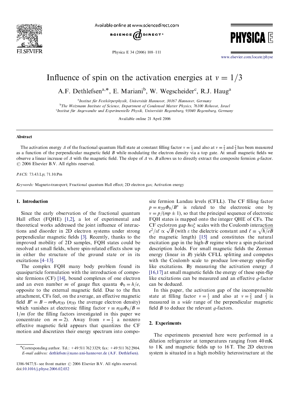 Influence of spin on the activation energies at ν=1/3ν=1/3