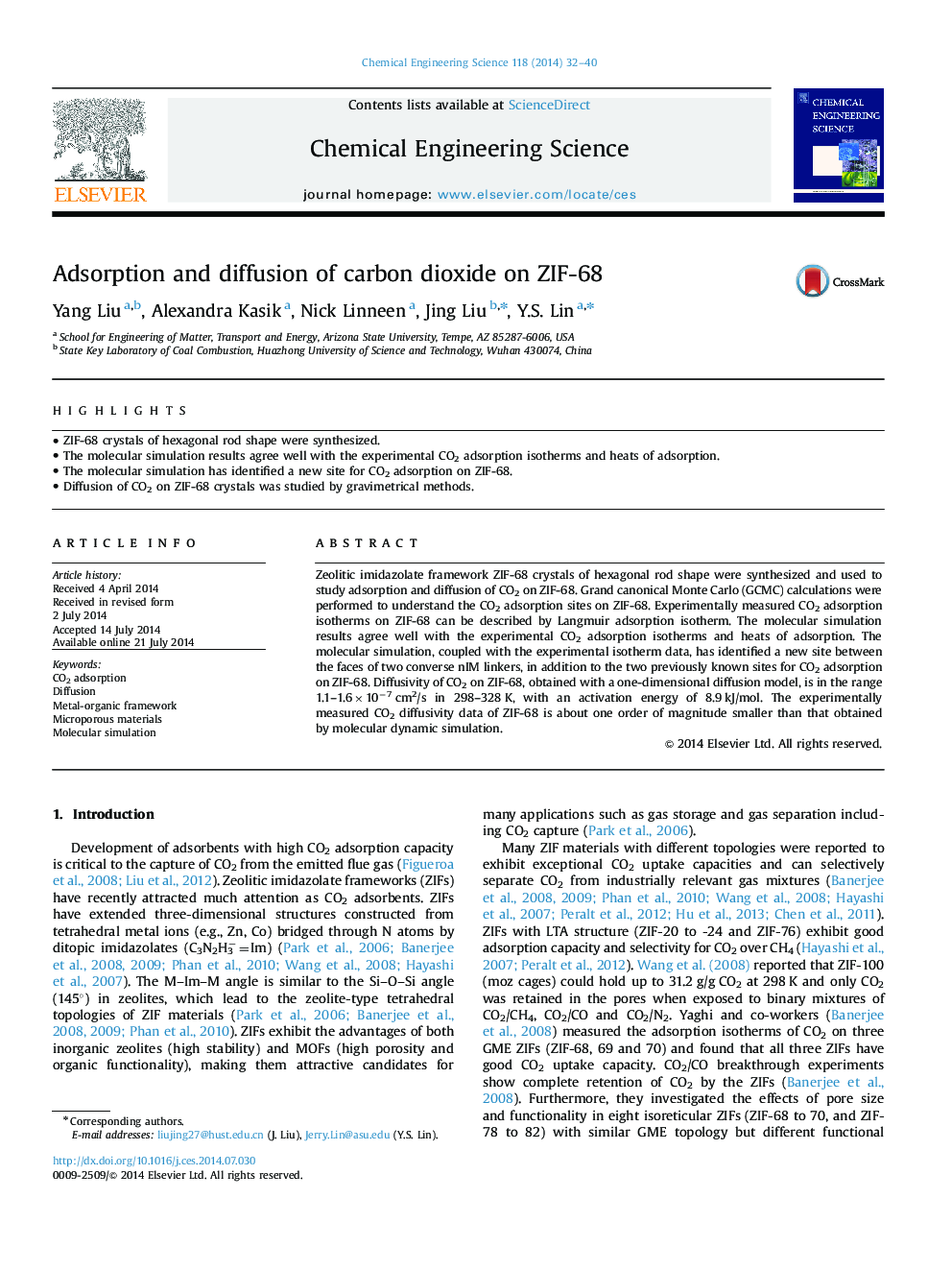 Adsorption and diffusion of carbon dioxide on ZIF-68