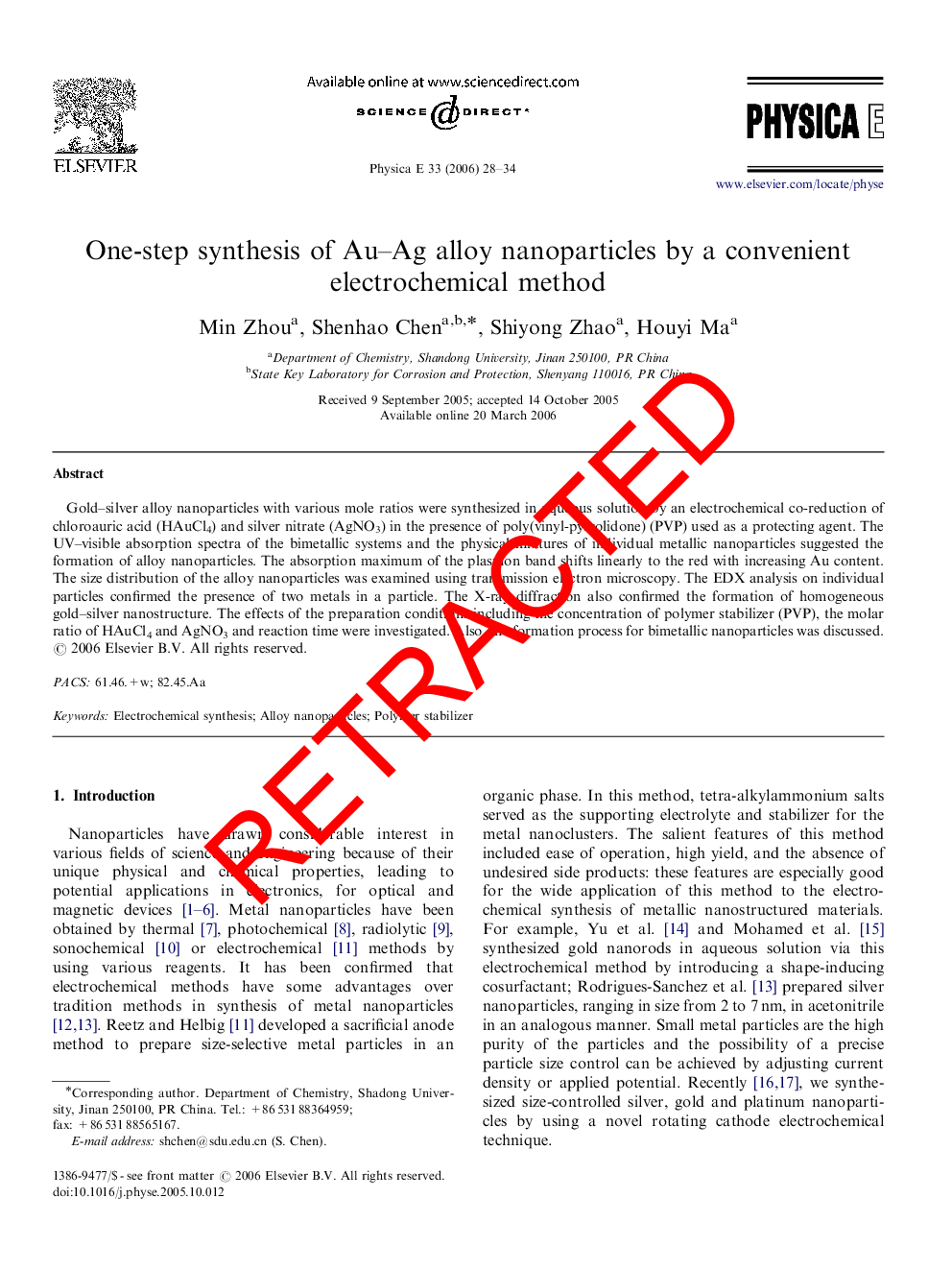 RETRACTED: One-step synthesis of Au–Ag alloy nanoparticles by a convenient electrochemical method