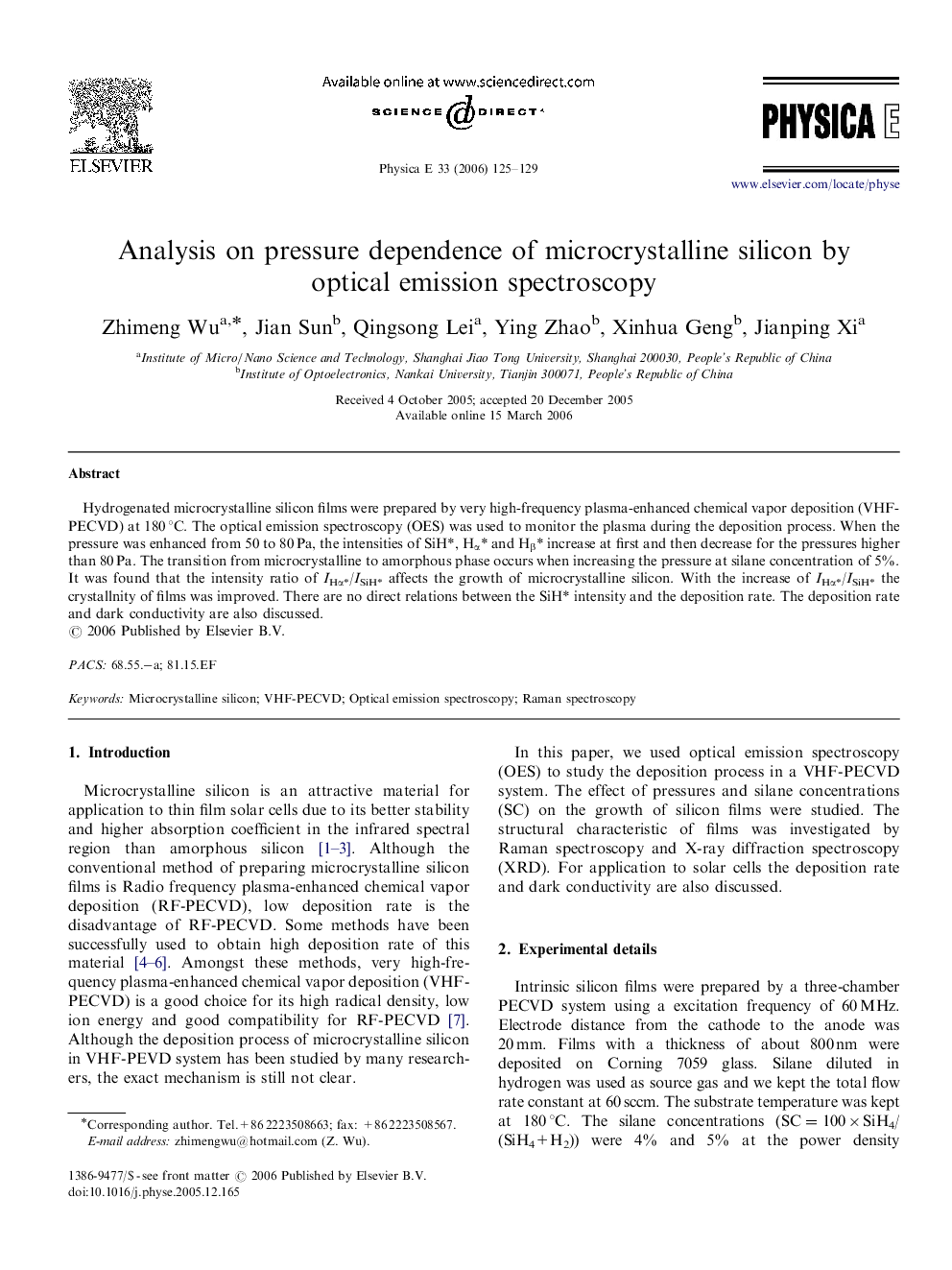 Analysis on pressure dependence of microcrystalline silicon by optical emission spectroscopy