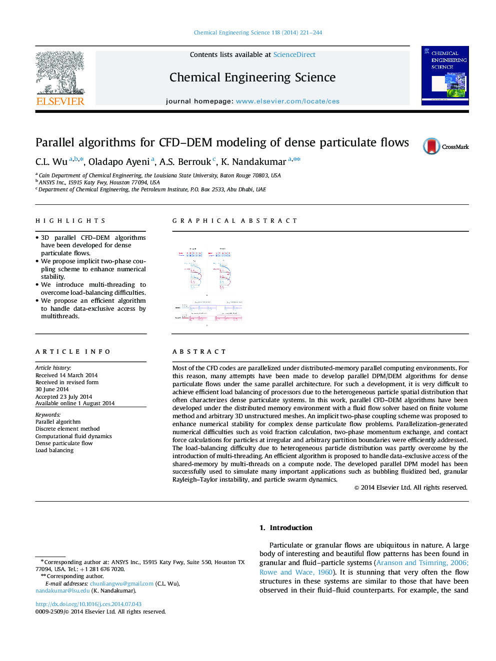 عکس صفحه اول مقاله: Parallel algorithms for CFD–DEM modeling of dense particulate flows Parallel algorithms for CFD–DEM modeling of dense particulate flows